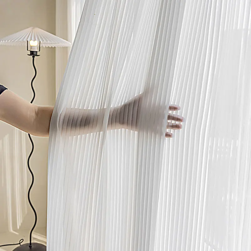 

Modern White Tulle Curtains For Living Room Striped Vertical Sheer Voile Curtain For Bedroom Balcony Window Drapes Kitchen Blind