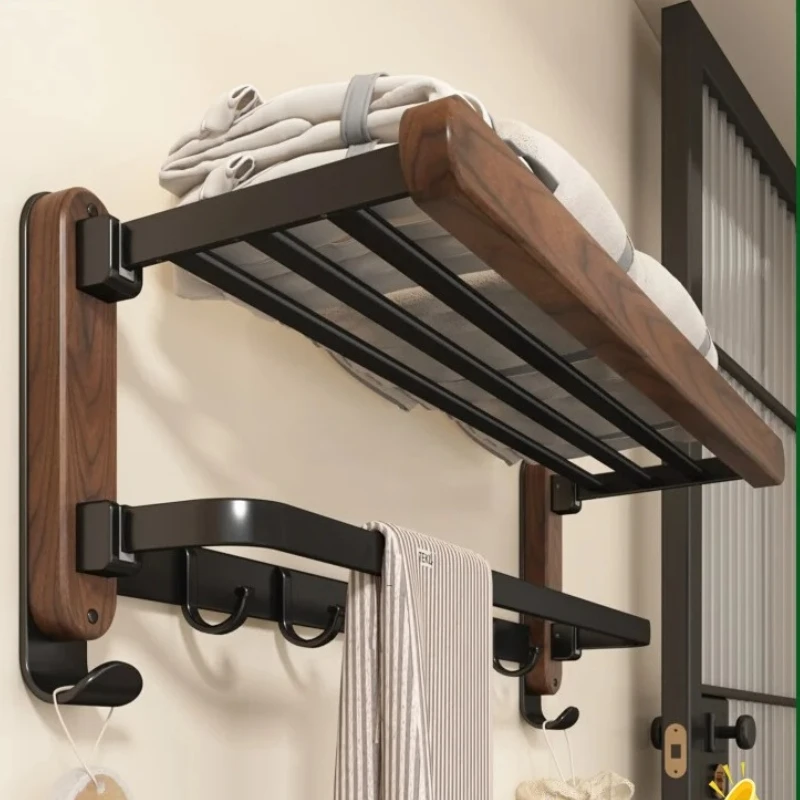 Walnut Wood Bathroom Rack - No Drill Towel Holder, Rustproof Organizer, Corner Bracket, Premium Bath Accessory