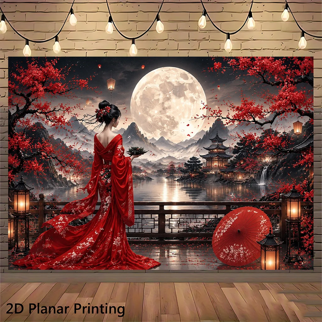 Elegant Chinese Wall Tapestry Red Moonlight Blossoms Goddess Asian Landscape Mural Home Decor Dynasty Style Art Print Canvas
