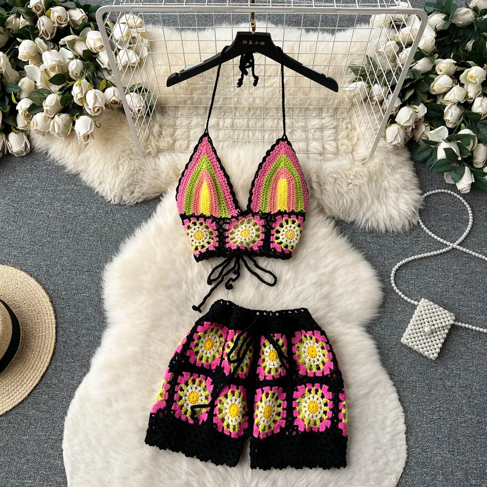 

Summer Hollow Out Beach Suits Women Strap Halter Sexy Top+Mini Shorts Fashion Floral Knitted Bohemian Two Pieces Sets