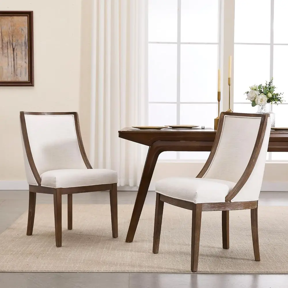 

Upholstered Dining Chairs Set of 2 with Curved High Back, Walnut Legs, Linen Beige Seat for Home Office Use