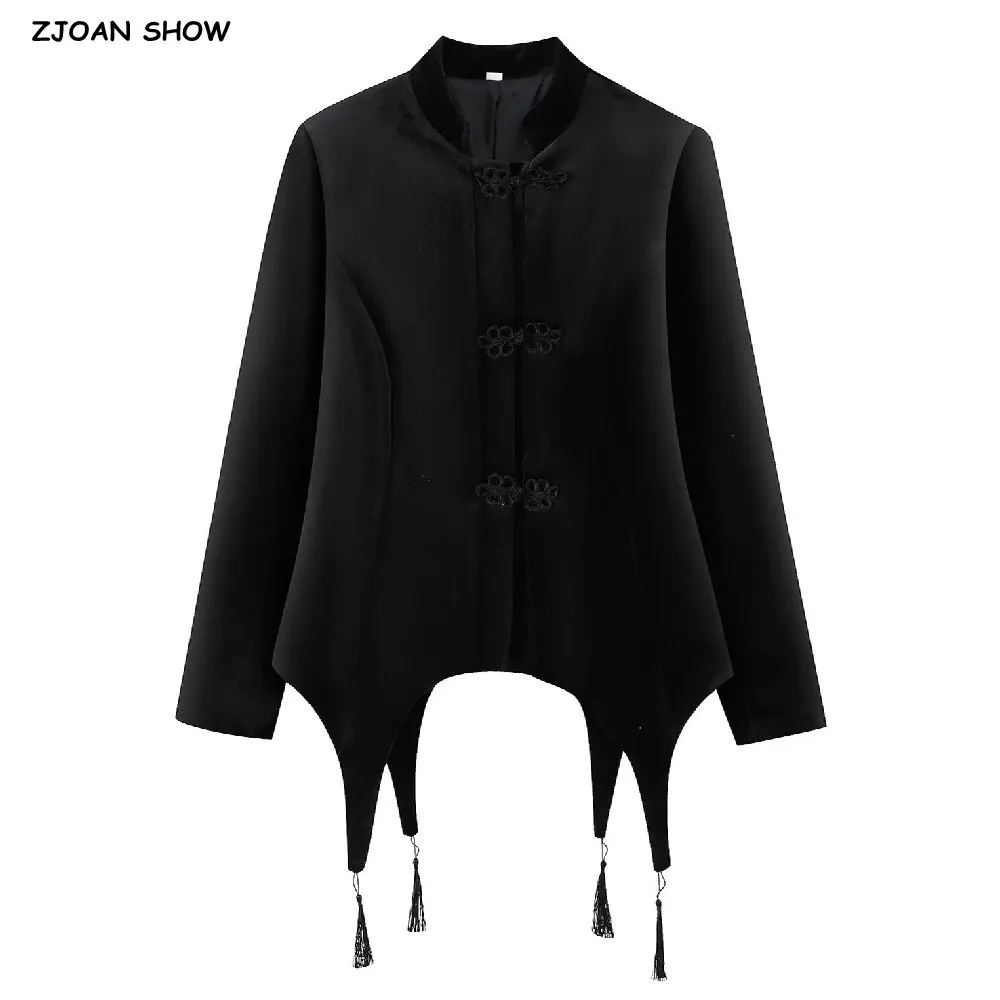 

Spring Autumn CHIC Chinese Style Black Velvet Jacket Women Rope Buttons Long Sleeve Hem Asymmetry Tassel Velour Coat Outerwear