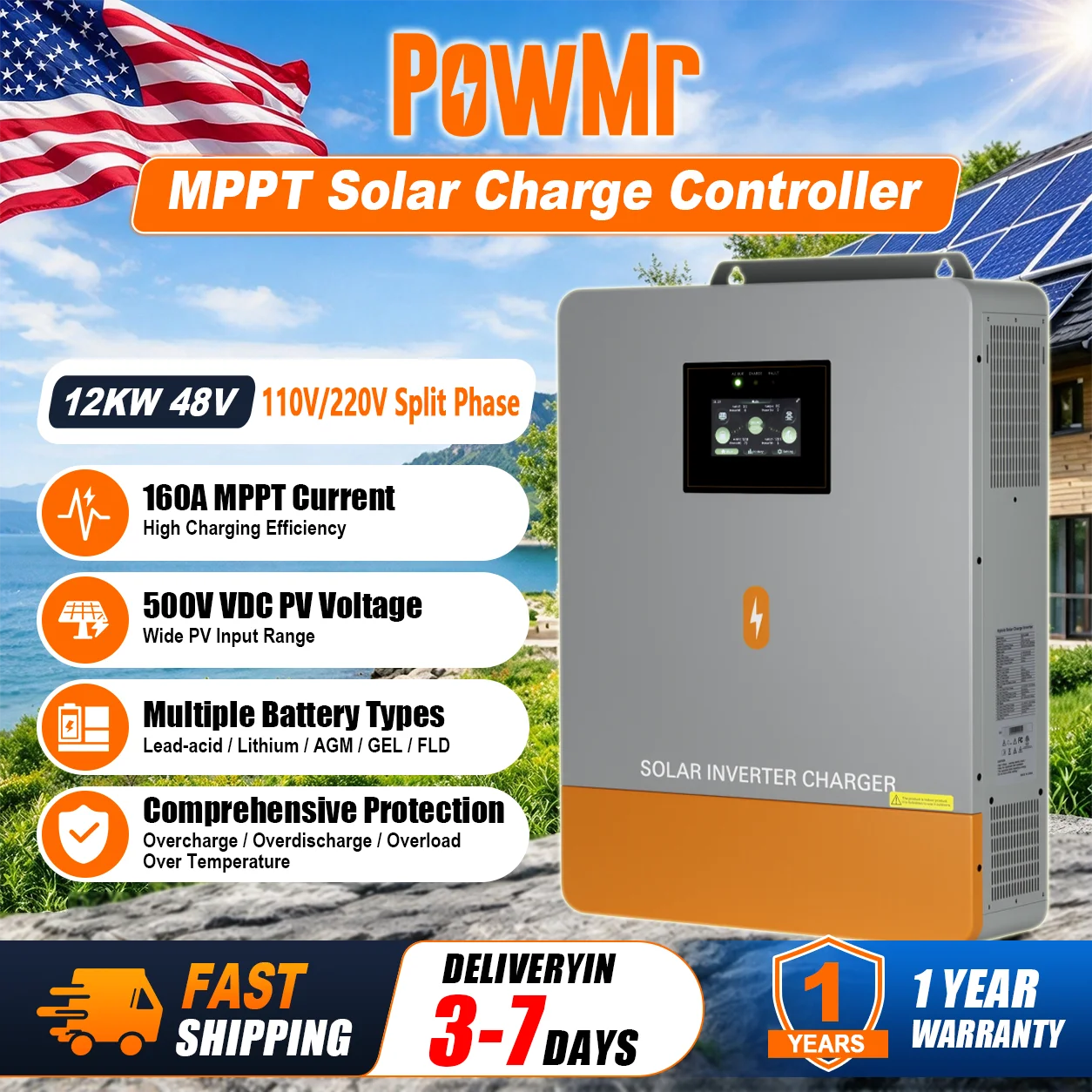 PowMr 120V/220V 12KW Hybrid Solar Inverter 48V Photovoltaic Split Inverter with Built-in 200A Parallel Solar Charging Control 6 Units High PV Power 12000W+12000W for Solar Home