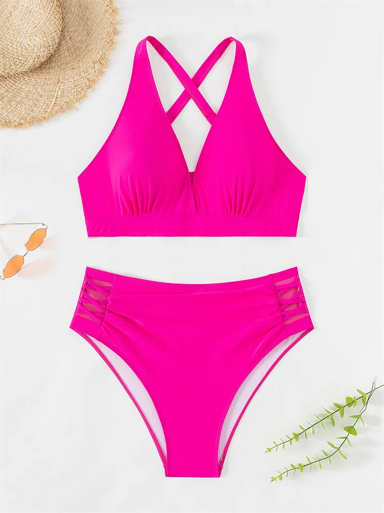 Maillot de bain pour femmes, bikini, taille haute, col en V, ensemble deux pièces, culotte tanga, sexy, tenue de plage, grande taille, nouvelle