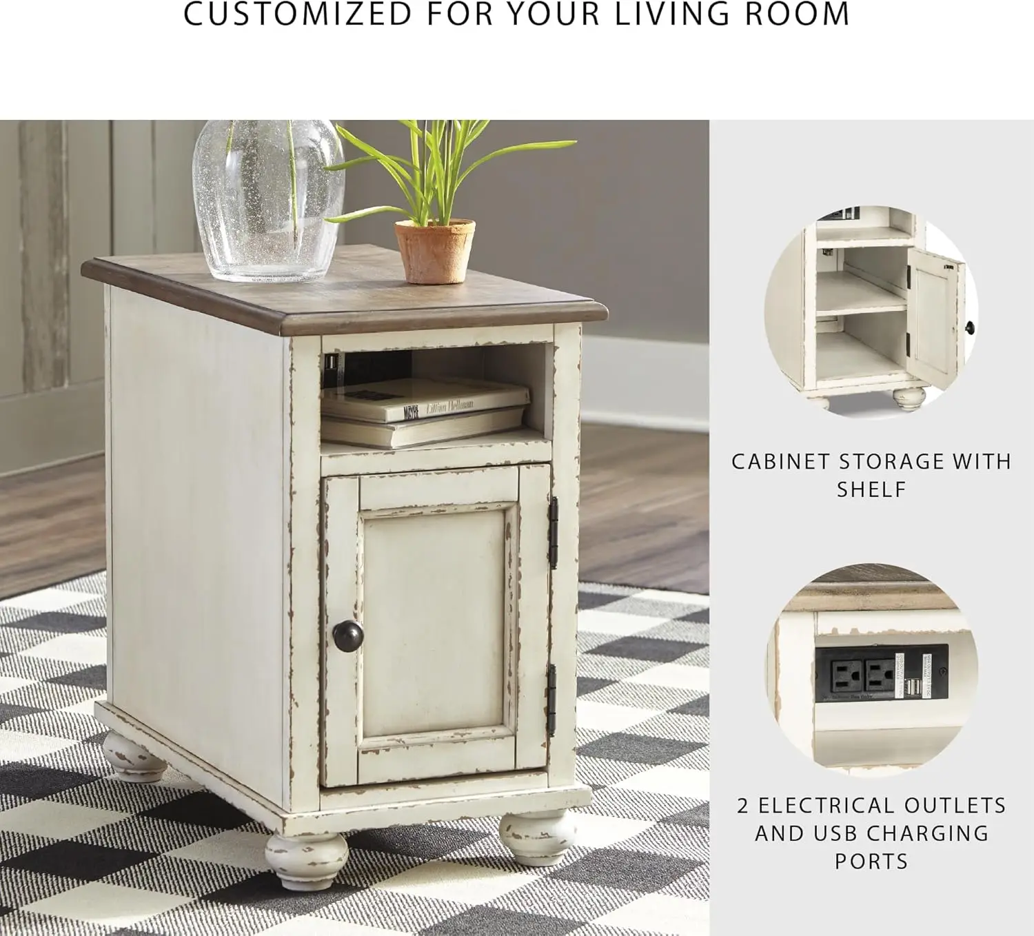 Mesa lateral Realyn French Country Chair com tomadas e portas USB, creme