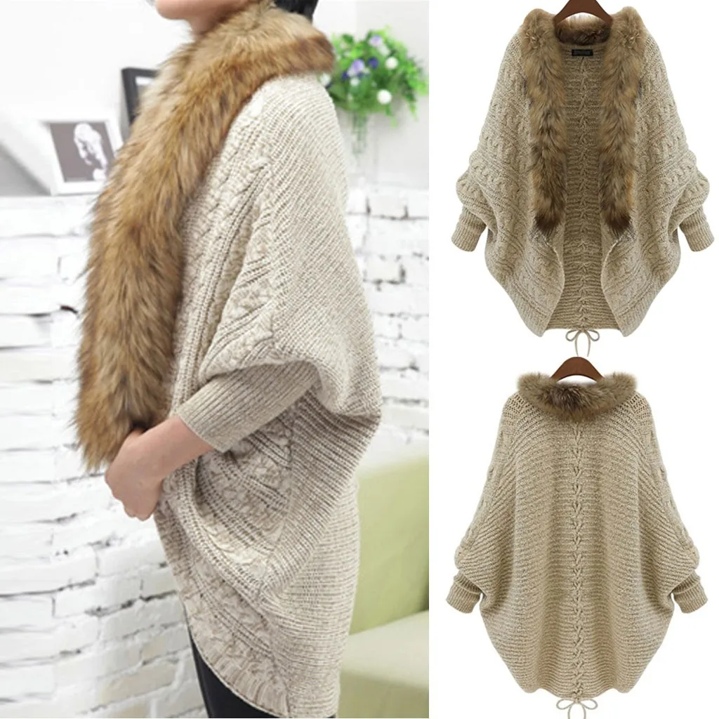 Women Cardigans Sweater Thick Poncho Capes 2024 Autumn Winter Femme Knitted Bat Sleeve Fur Collar Sweater Knitted Long Cardigan