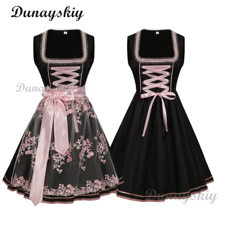 

Summer The New Lady Bavarian Women's Square Neck Waist Strap Lace Midi Dress 2-Pieces + Apron Oktoberfest Woman Dress Skirt