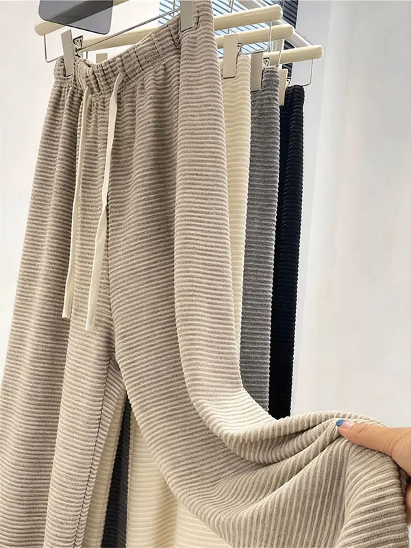 

plus Size Knitted Casual Pants Women High Waist Wide Leg Straight Cut Trousers Autumn Season Textured Striped Leisure Trousers