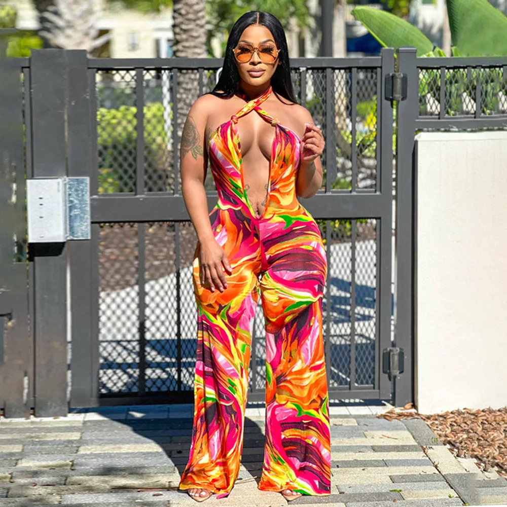 

Sexy Halter Deep V-neck Backless Jumpsuit Women Sleeveless Print Holiday Outfits One Pieces Wide Leg Summer Night Club Street