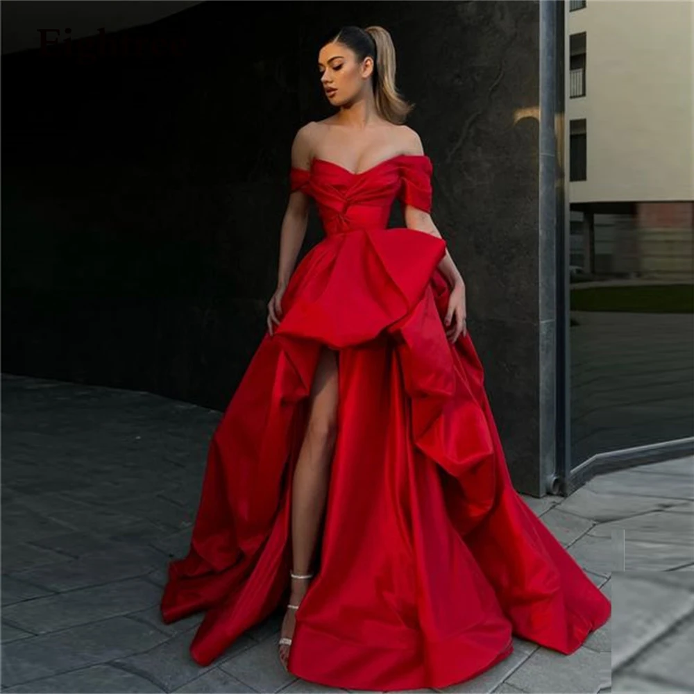 Eightree Red Off The Shoulder Prom Dresses Elegant Pleat Stain Strapless High Low Evening Dress Robe De Soirée Party Grown 2023