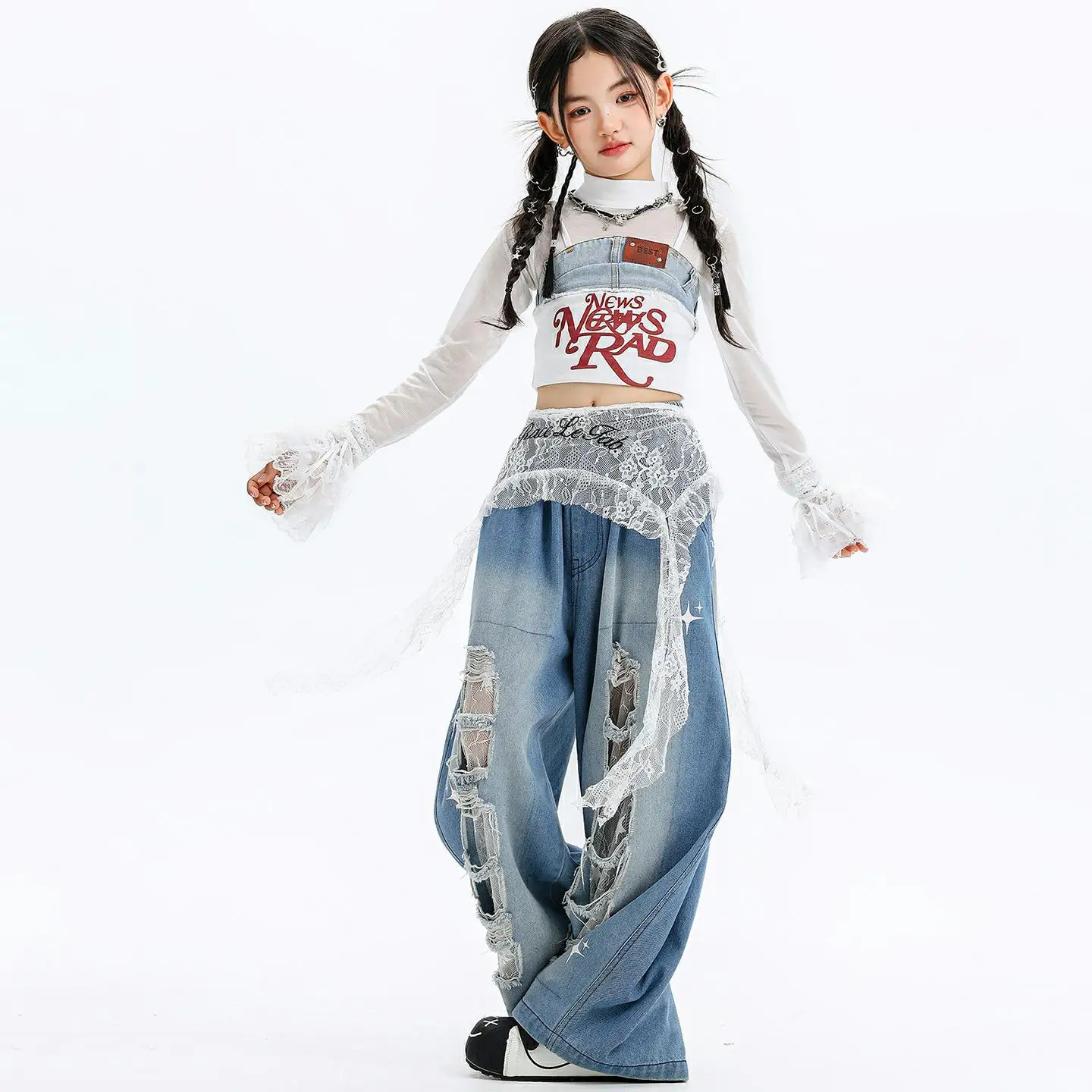 4-17 kids girls Jazz Hip Hop Street Dance Costume Girl Group Style Performance clothes kids Lace ripped jeans tops child outfits