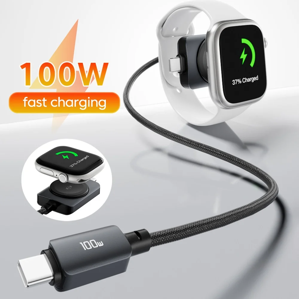 PD100W 2-in-1 Dual Type-C Fast Charging Data Cable 2W Magnetic Suction Watch Wireless Charging for iphone Phone Notebook iWatch