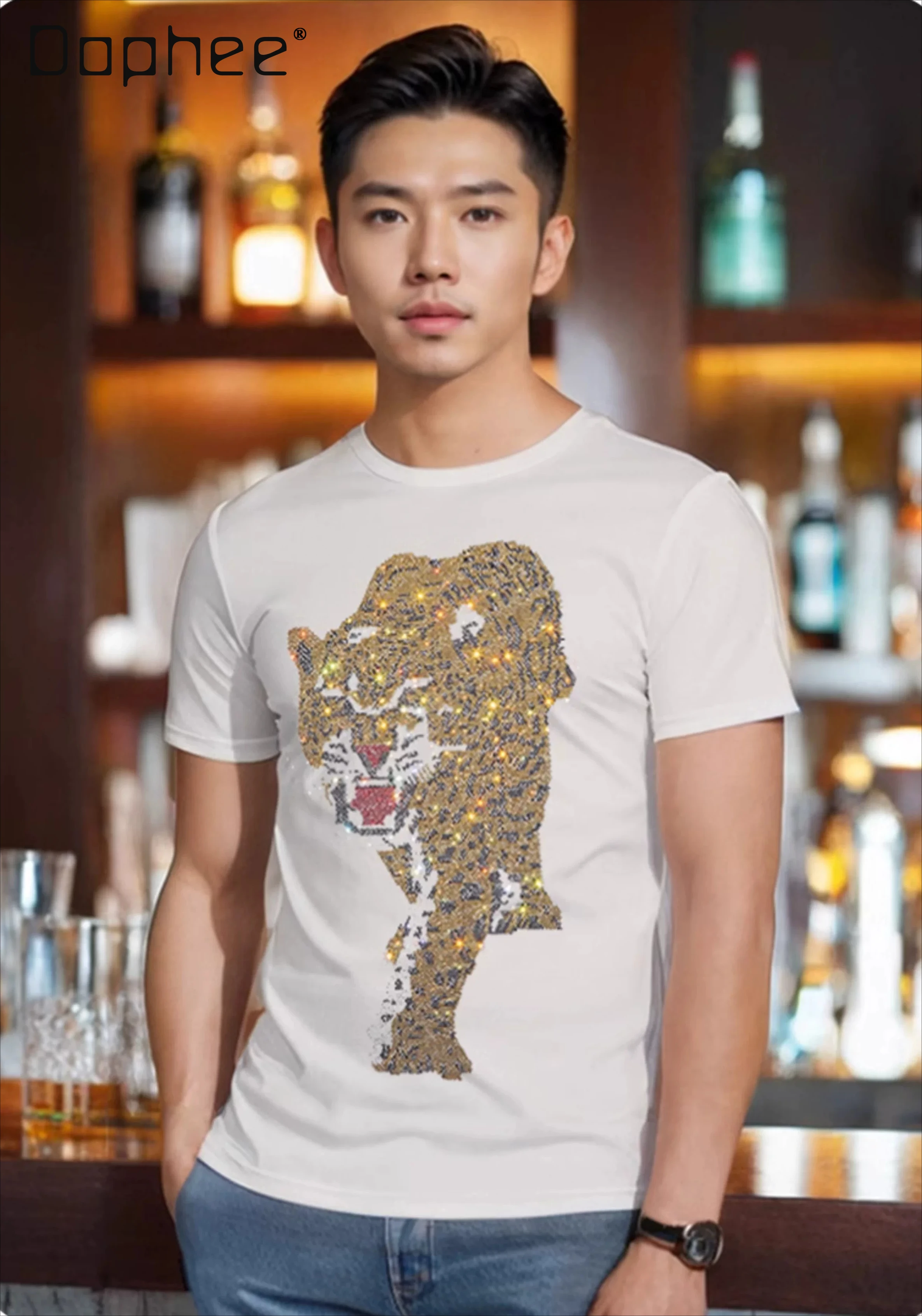 Summer New Arrival Men Tiger Rhinestone T Shirt Black White Red Casual Round Neck Short Sleeve Fashion Daily Streetwear Tops