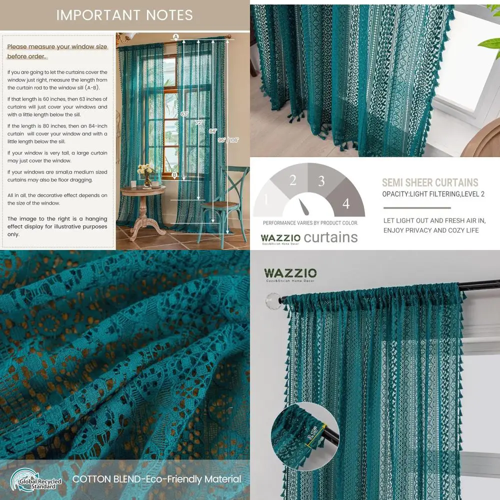 

96 Bohemian Crochet Lace Curtains, Teal Semi-Sheer with Tassels, 2-Panel Light Filtering Drapes for Home