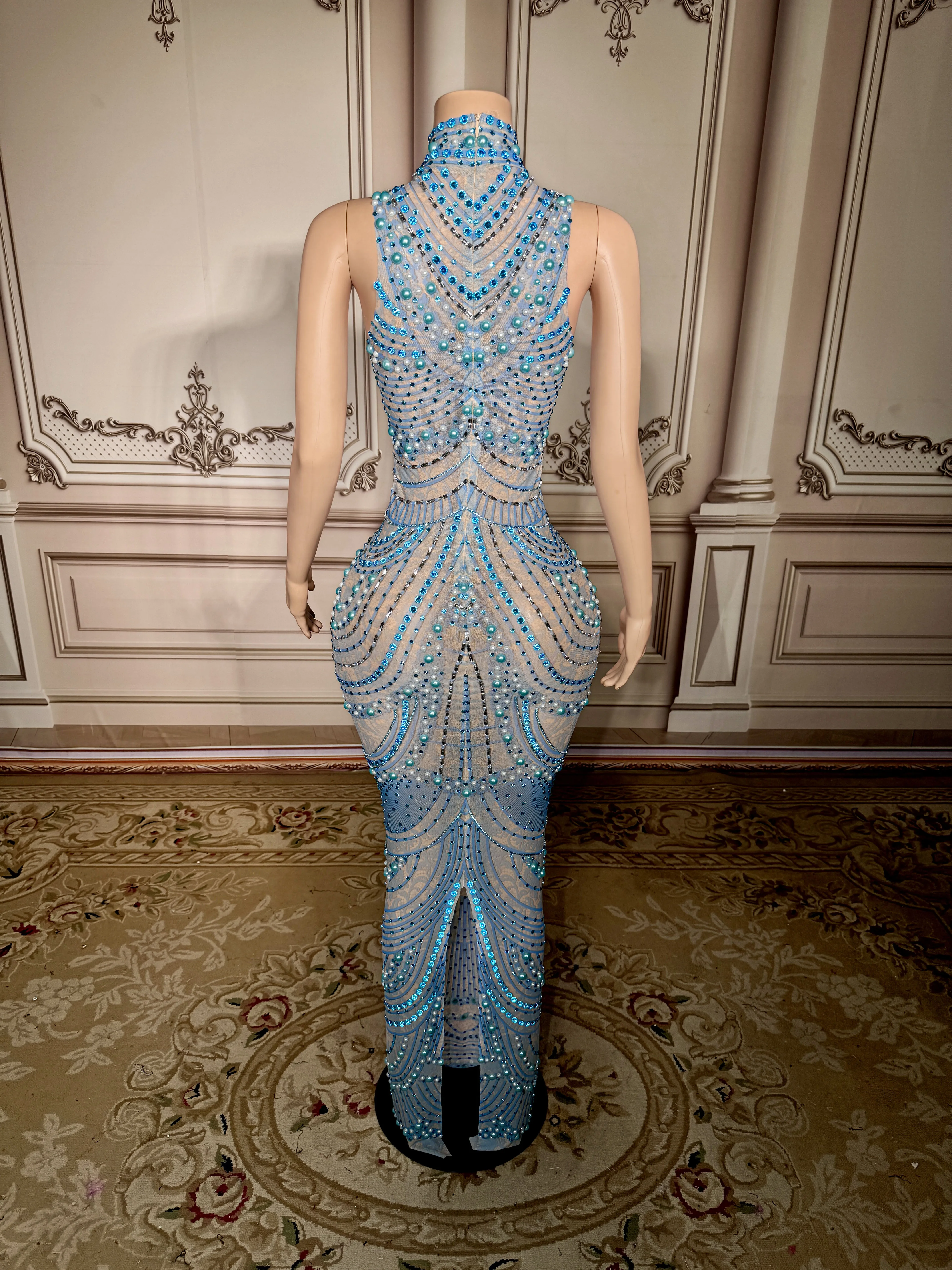 ZD レディース セクシー シースルー シアー メッシュ 長袖 ホローアウト ラインストーン装飾 フロア丈 パーティー ドレス