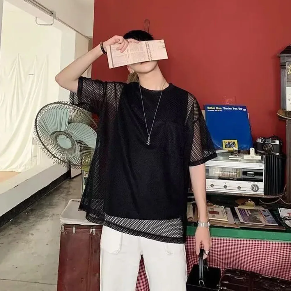 Mens T-Shirt Y2K Hollow Grid Short Translucent Versatile Sleeved T-Shirt Streetwear Summer Solid Color Top Men's Clothing 2024