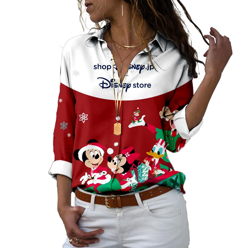 2022 autumn Christmas new top cartoon slim long-sleeved Disney Minnie Mouse pattern shirt spring chiffon loose top