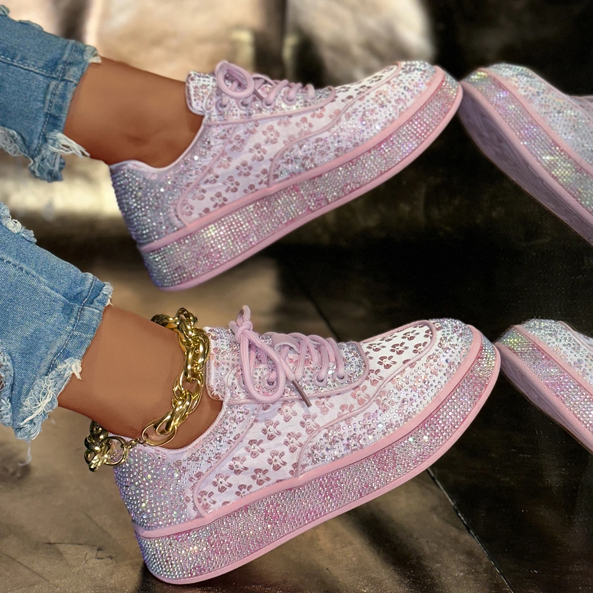 Aphixta New Luxury Crystals Pink Flower Flats Women Custom Casual Shoes Lace Up Platform Female Sneakers Rhinestone Women Shoes