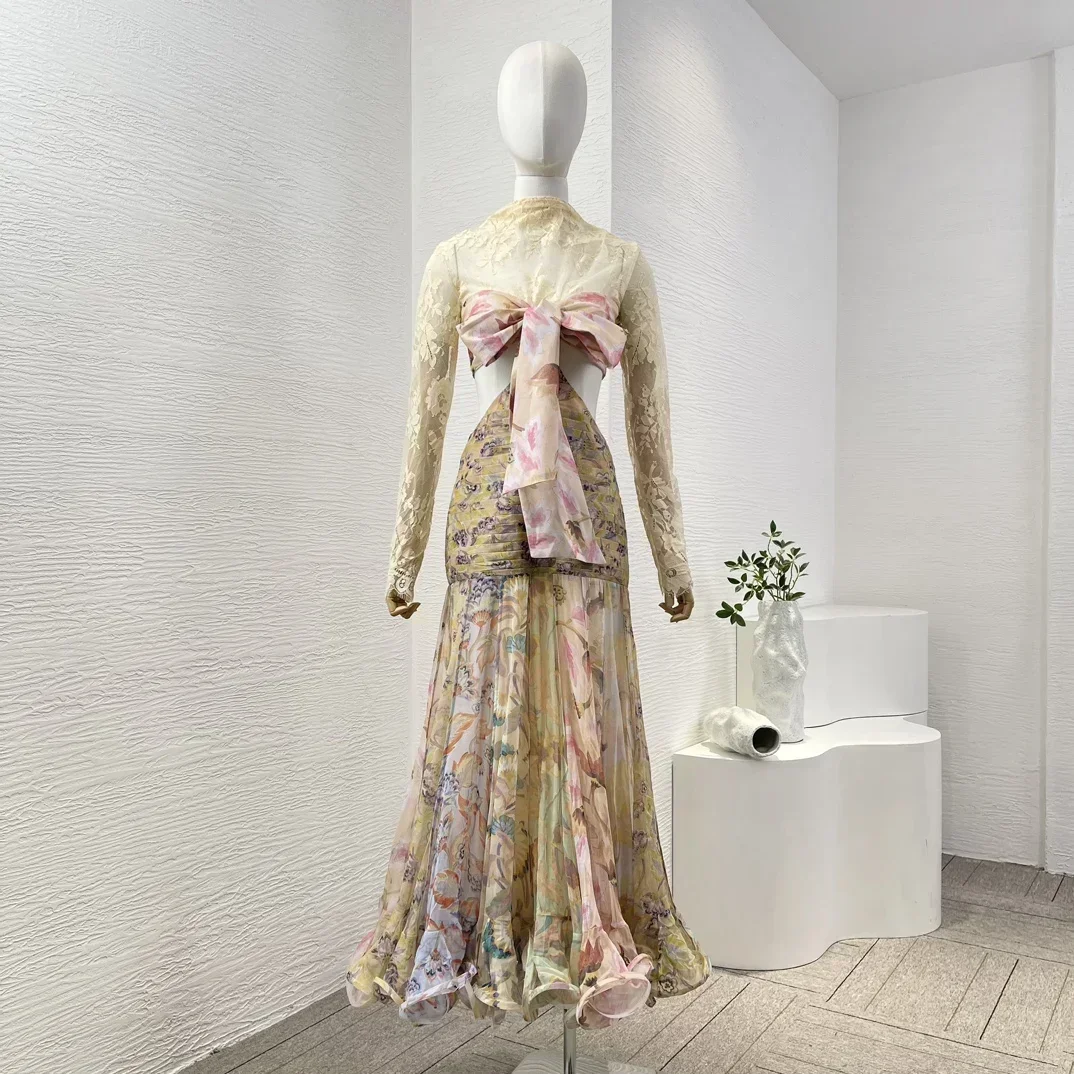 Silk 2024 New Autumn Pleated Design Multi-color Floral Print Cut Out Long Sleeve Lace Patchwork Bow Women Maxi Dress