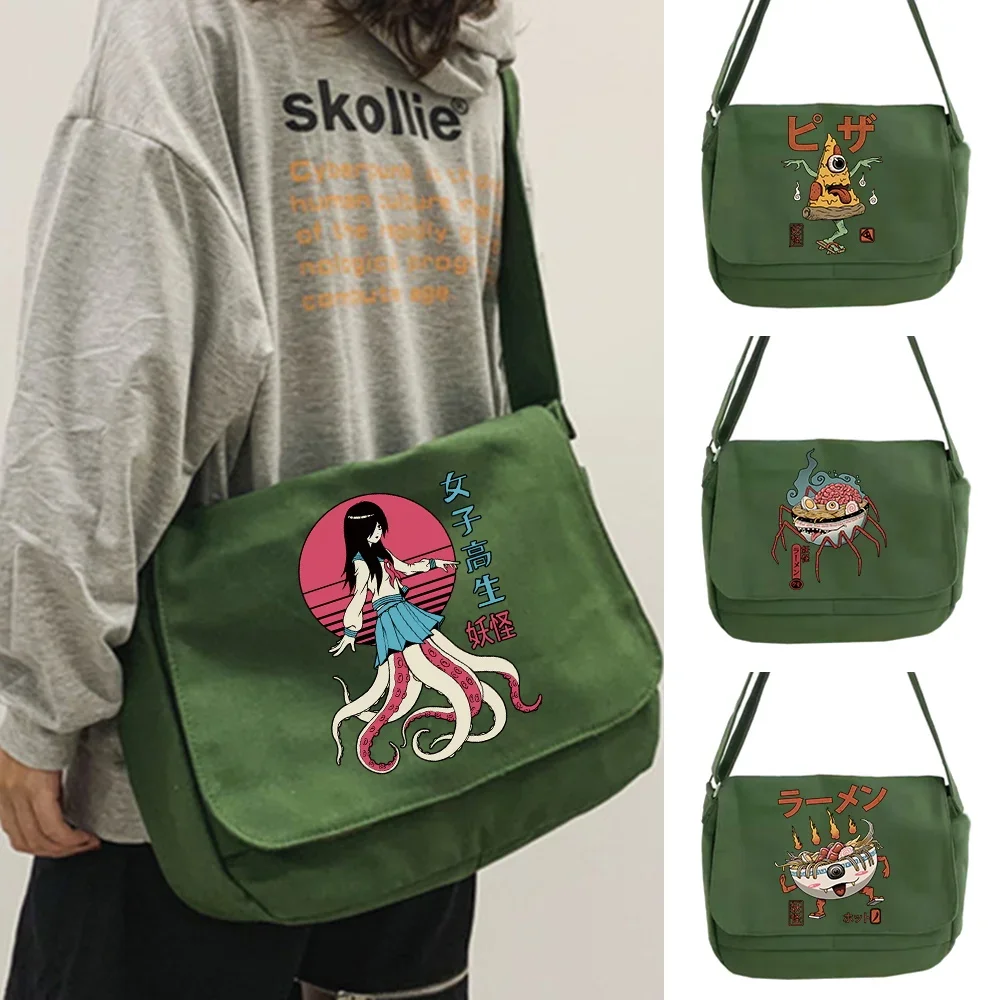 

2023 Shoulder Messenger Bag Women Fashion Casual Version Wild Canvas Crossbody Bags Cute Monster Print Organizer Simple Satchels