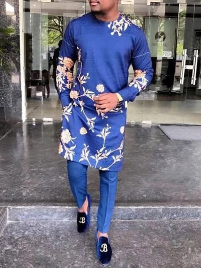 

Men's casual blue printed long sleeve two-piece set