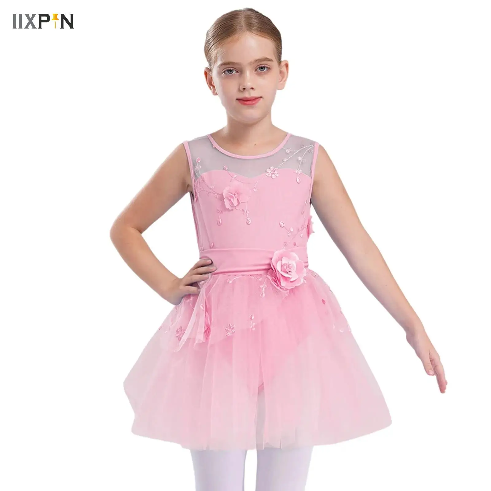 

Kids Girls Embroidered Ballerina Costumes Princess Ballet Tutu Dress Flower Applique Dance One Piece Leotard Tulle Dress
