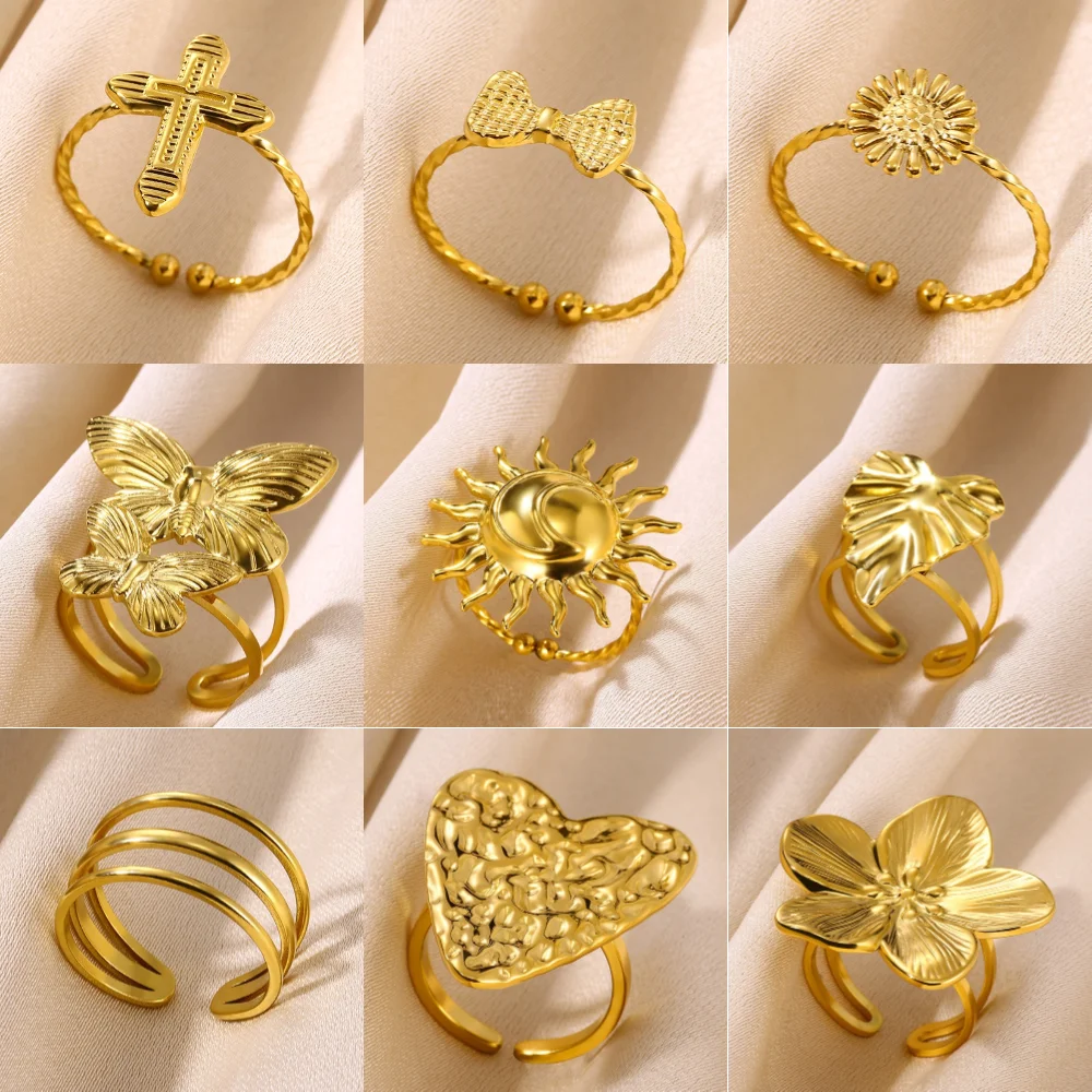 Exaggerated Butterfly Stainless Steel Ring For Women Heart Flower Geometry Anillos Wedding Party Gold Color Jewelry Punk Gifts