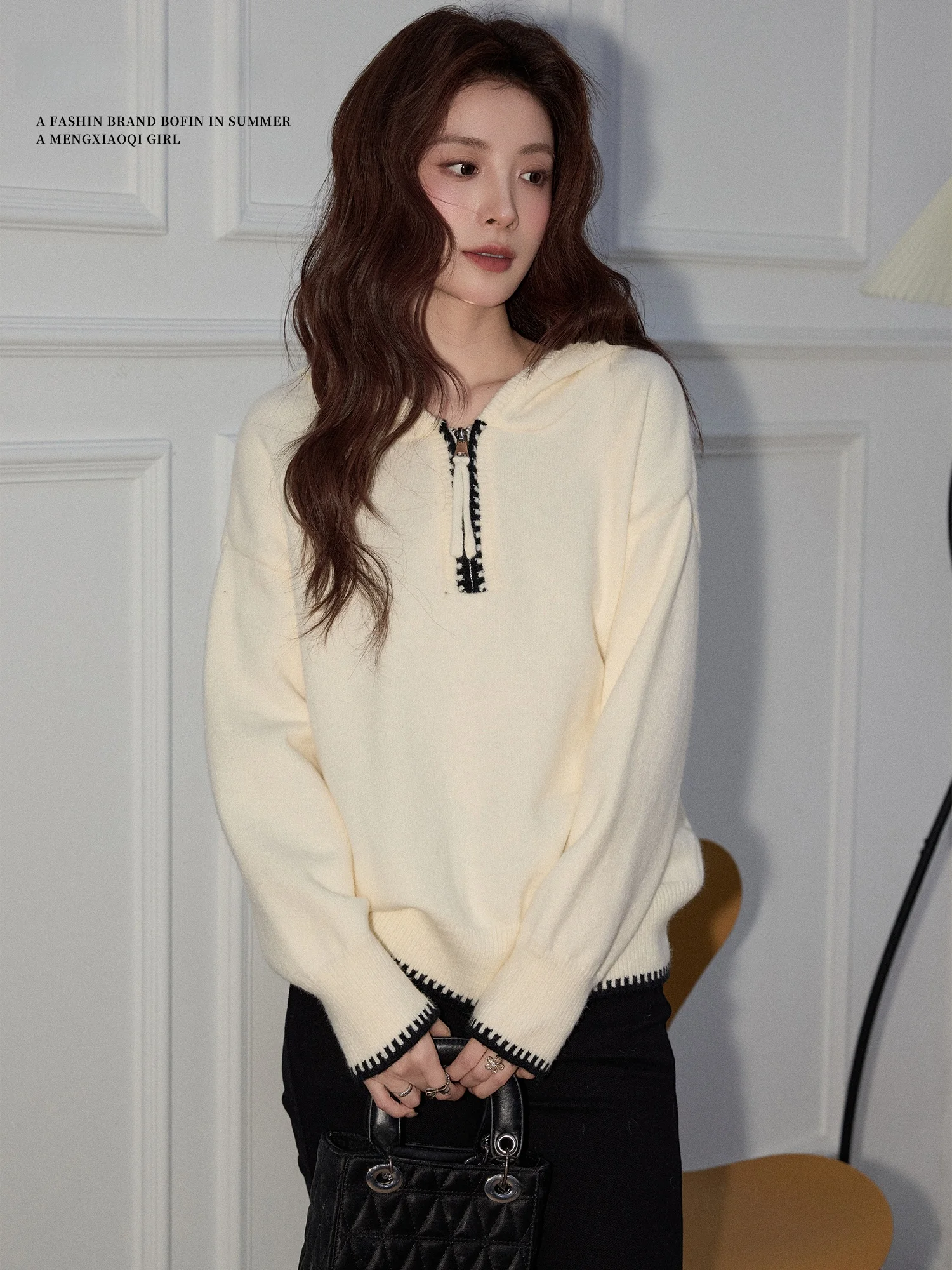 

Женский модный повседневный свитер Meng Xiaoqi с цветными блоками, длинными рукавами, свободного кроя, на молнии, весенняя новинка