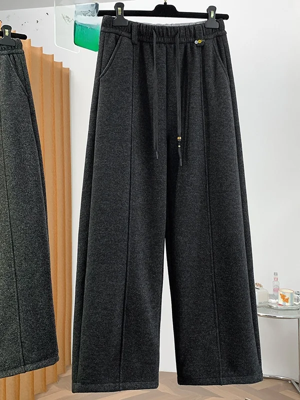 Thickened Fleece Winter Straight Leg Pants Women's Casual Trousers Elastic Waist Rope Buckle Warm Slimming Leisure Pants