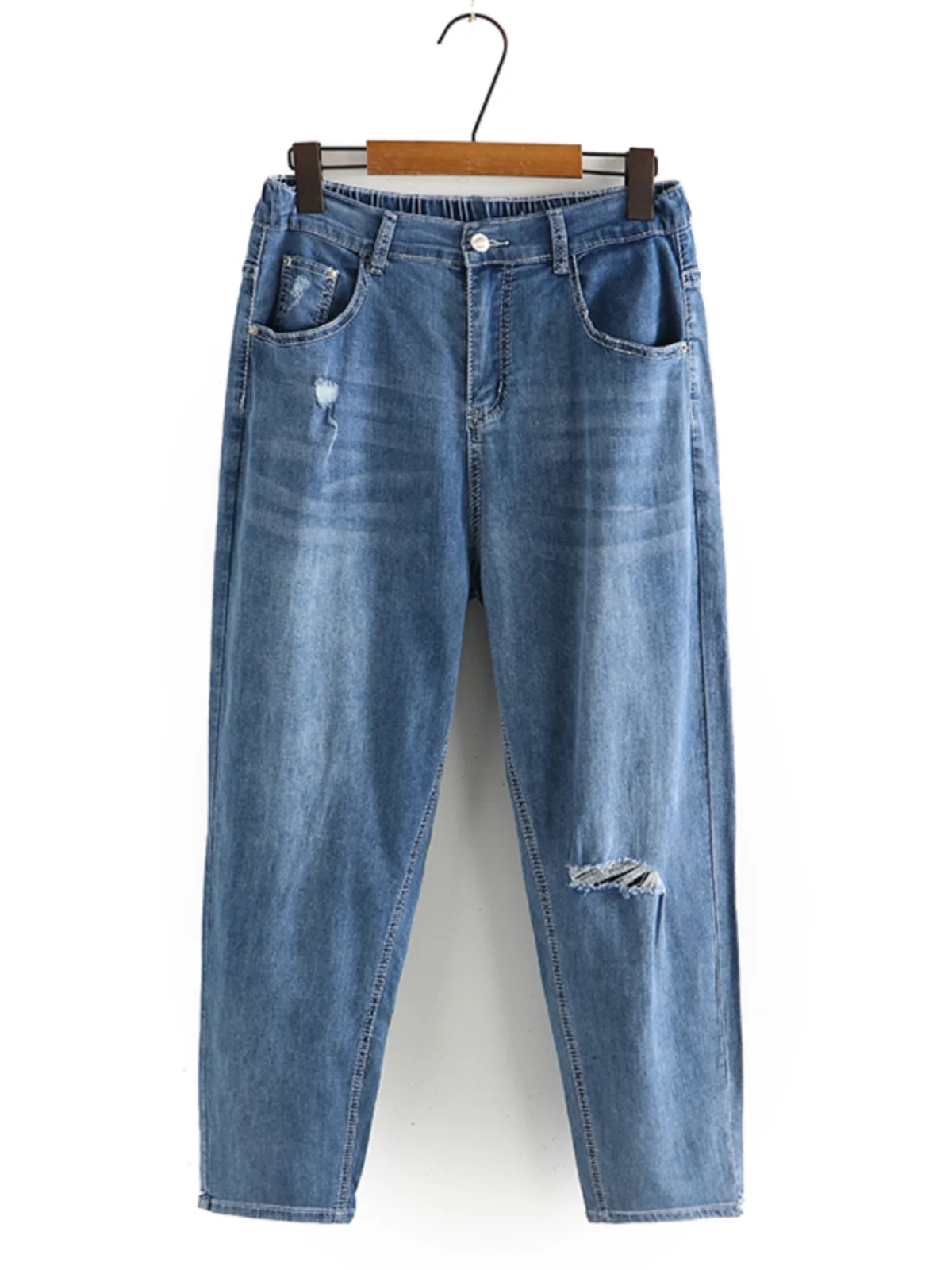 

Summer Thin Dark Blue Hole Harlan Women's High Waist Elastic Jeans Nine Points Large Size Cabbage Pants New Style Cotton Stre...