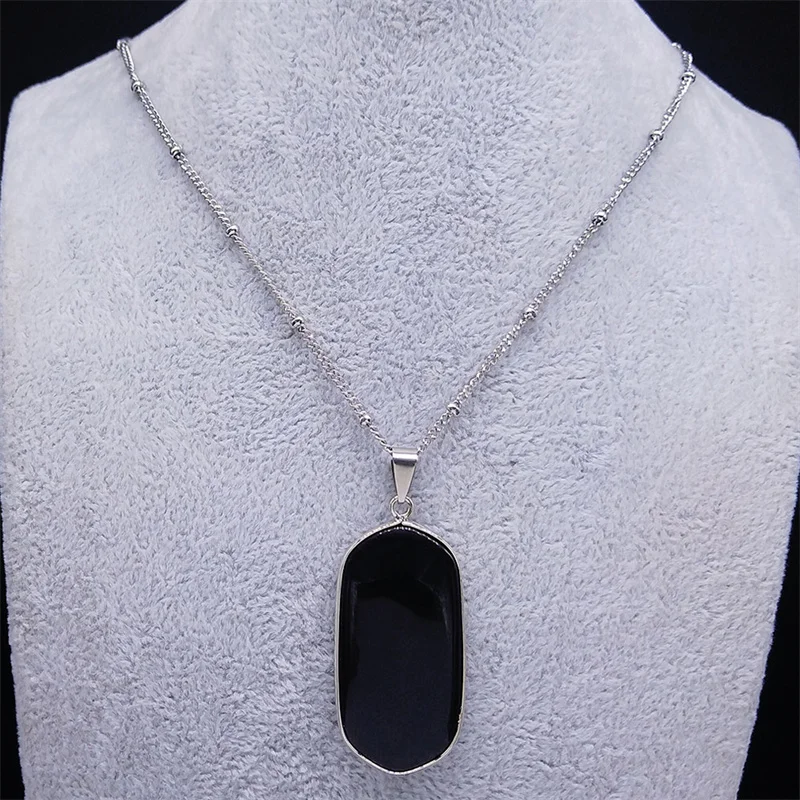 Schwarz Obsidian Geometrische Glück Anhänger Halskette Frauen Boho Naturstein Edelstahl Silber Farbe Halsketten Schmuck NA145S04 – Detail 4