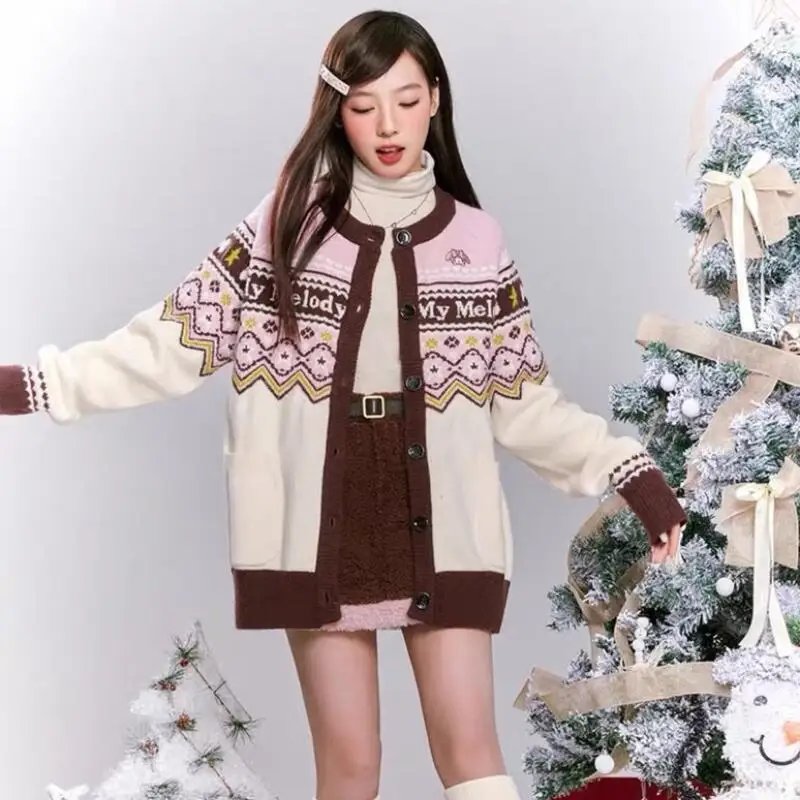 

Anime Kuromi Women Sweater Cartoon My Melody Y2K Loose Warm Kawaii Girl Cardigan Tops Fashion Sweet Comfortable Woman Clothes