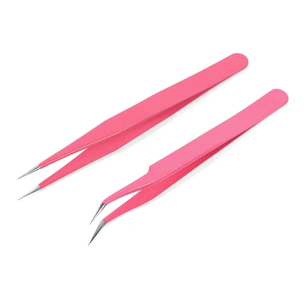 Pinzas de acero inoxidable para manicura, herramientas de recogida rectas y curvadas, pinzas puntiagudas para extensión de pestañas, 2 piezas, color rosa