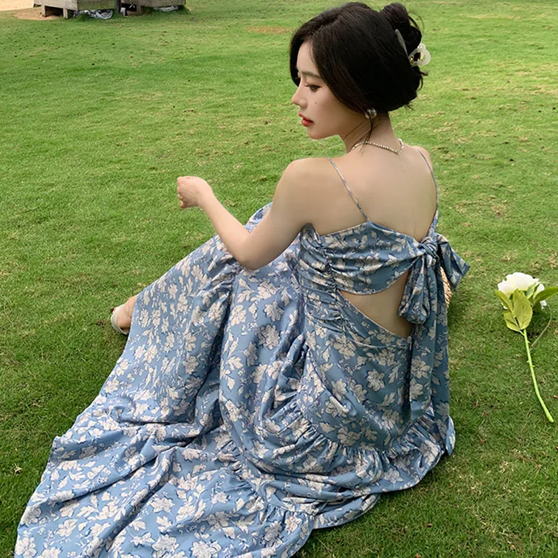 Boho Abito lungo con stampa floreale Donna 2025 Nuova estate Sexy Backless Bowknot Casual Vacanza Beach Stampa Abito lungo Robe