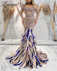 Feathers Abendkleider 2023 Dubai Luxury Evening Dress Long Sleeve Mermaid Heavy Beaded Crystals Arabic Wedding Party Prom Dress