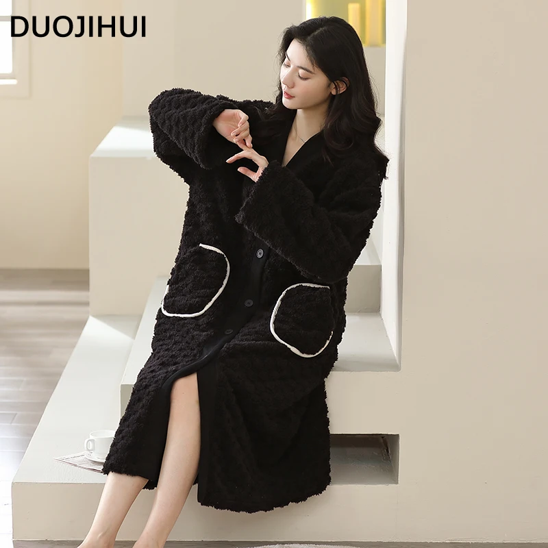 

DUOJIHUI Black Winter Flannel Loose Robes for Women New Pure Color Chicly Printing Simple Casual Fashion Pocket Female Sleepwear