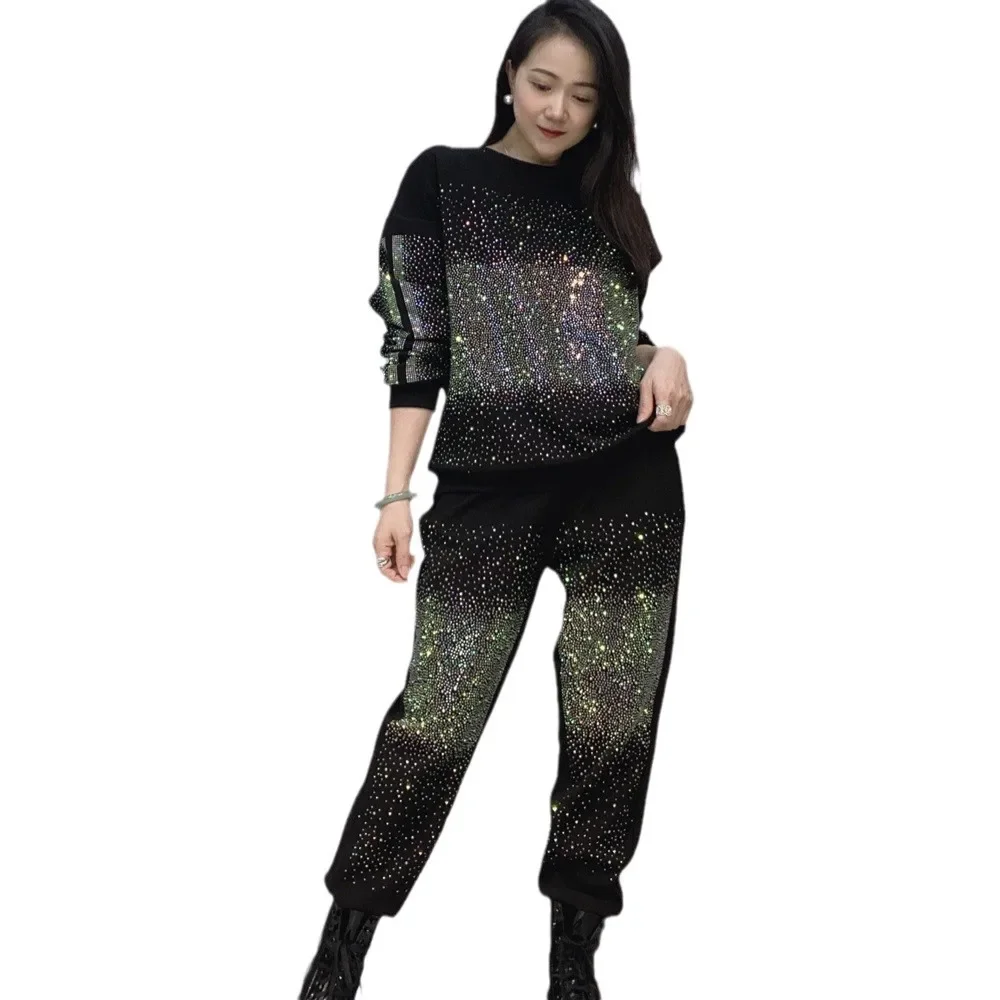 Babysbreath Full Diamonds Hot Drilling Women Two-piece Set O-neck Long Sleeve Pullover Hoodie Top+Black Casual Harem Pants Suits