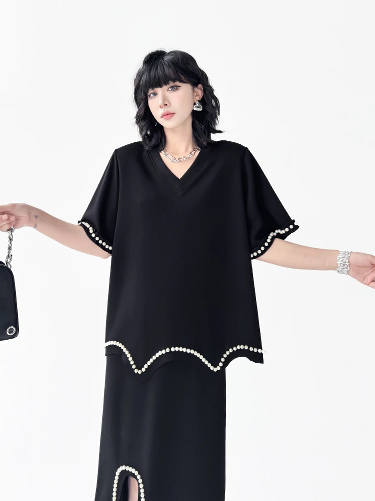 Fashionable Hong Kong Style Set Heavy Embellished Shoulder Pad T-Shirt Elastic Waist Split  Skirt Pure Color Half-length ...