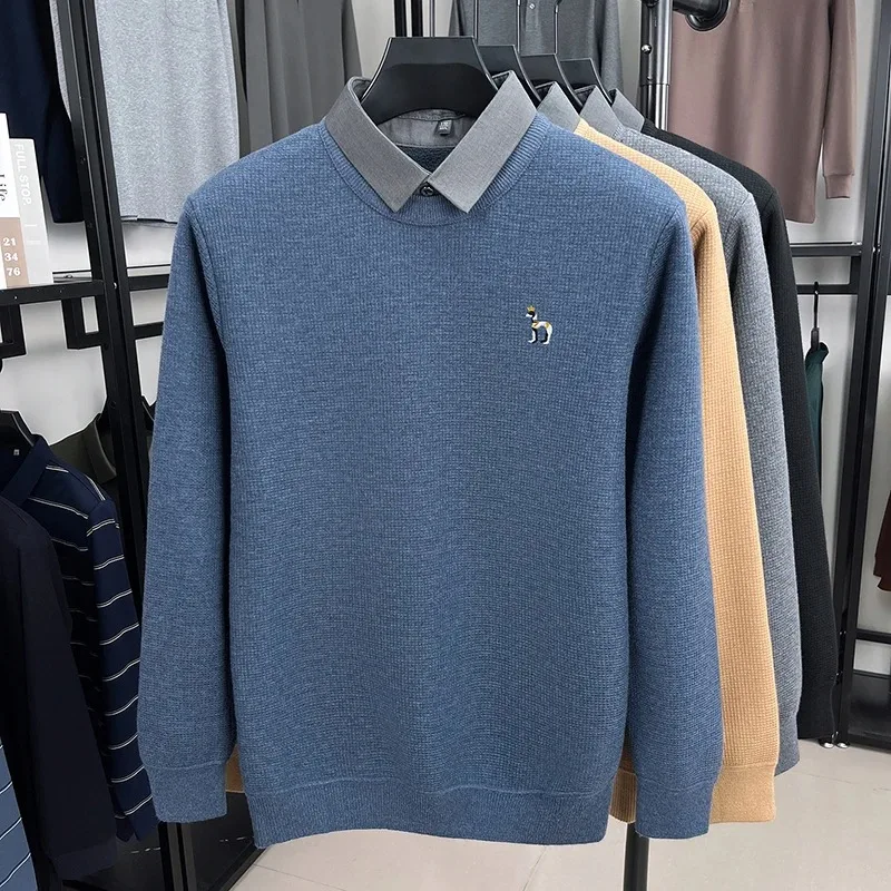 Luxury brand men's long sleeved flip over collar pullover winter fashion new item puppy embroidery top casual warm knit sweater