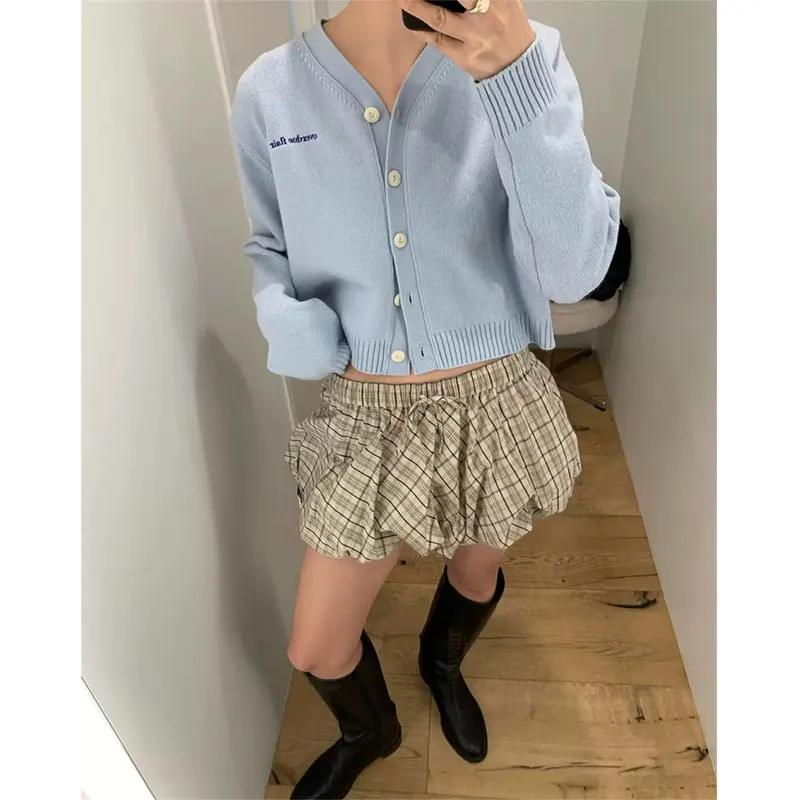 

Retro Anti-Aging Dongda Gate Summer Autumn Plaid Flower Bud ort Puffy f Skirt Elastic Waist Sweet Sle Women's Skirt