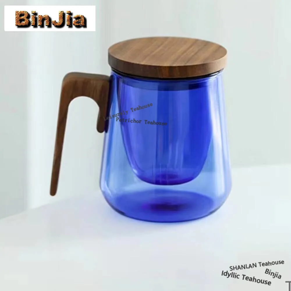 Walnut Wooden Handle Lid Filter Klein Blue Glass Tea Water Separation Scented Tea Cup Office Flower Tea Separation Tea Mug Craft