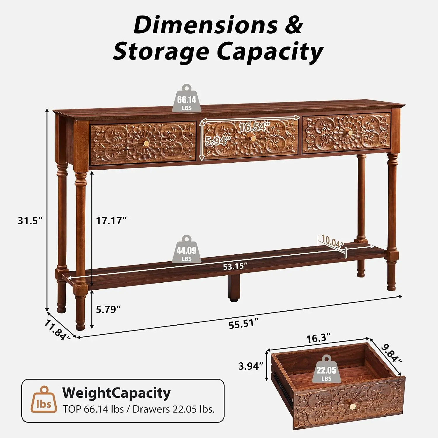 Carved Console Table With 3 Drawers, 2-Tier Entryway Table With Glossy Surface & Wood Legs, Mid-Century , Customized
