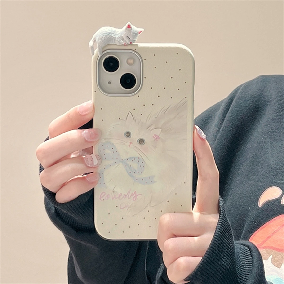 Cute Cartoon Bowknot 3D Cat Doll Soft Case For iPhone 16 15 14 13 12 Pro Max 15 16 Plus 11 Lychee Pattern Shockproof Back Cover