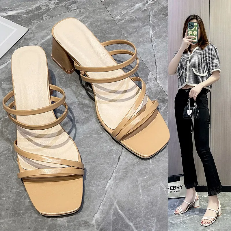 $4.80  74%OFF | Women Sandals Ladies Square Heels Elegant Summer Slippers Outside Cross Tied Leather Female Slides 2023 Fashion