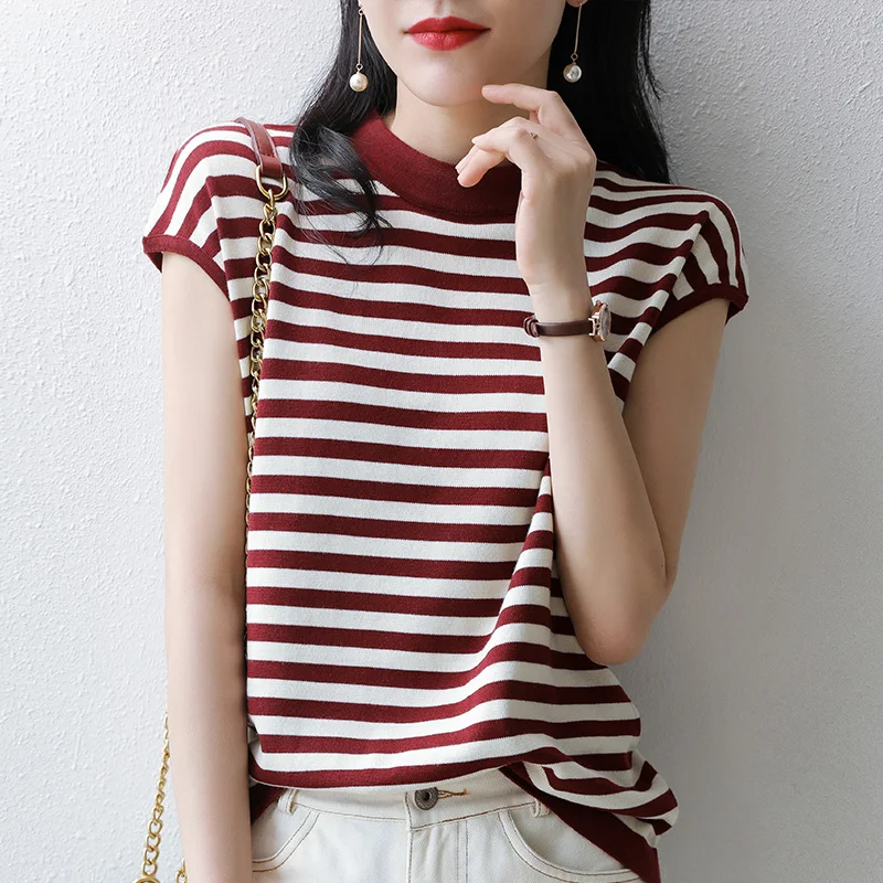 2024 Summer New Pure Cotton Round Neck Striped Shoulder Drop Short Sleeve Knitwear Bottom Shirt Fashion Top T-shirt