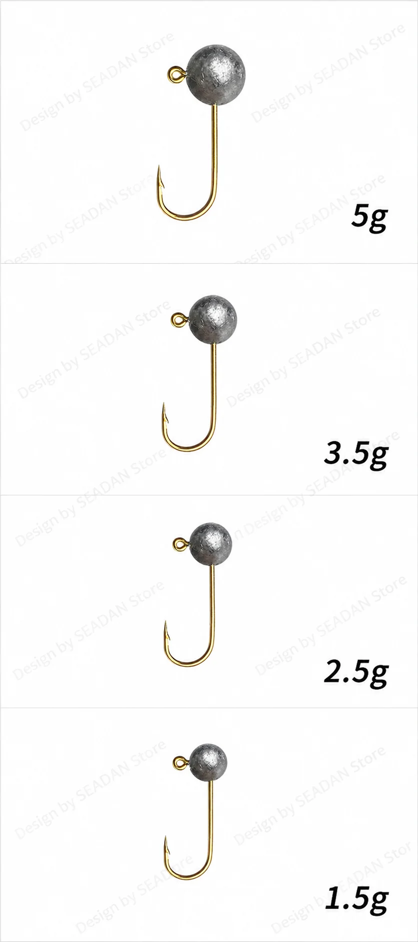 1,5g/2,5g/3,5g/5g Hochkarbon-Stahl Goldener Rock Jigkopf, Rostfrei und Verhakungsresistent für Bachfischen, Passend für T-Tail Curl-Tail Soft Baits – Detail 7