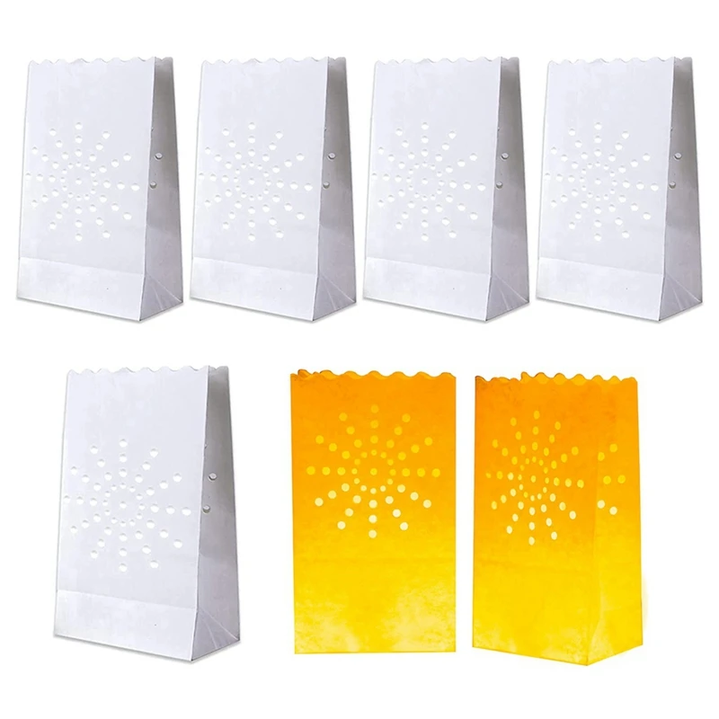 

Hot 100 PCS White Luminary Bags, Flame Resistant Candle Bags, Sun Design Luminaries For Wedding, Party, Halloween, Christmas