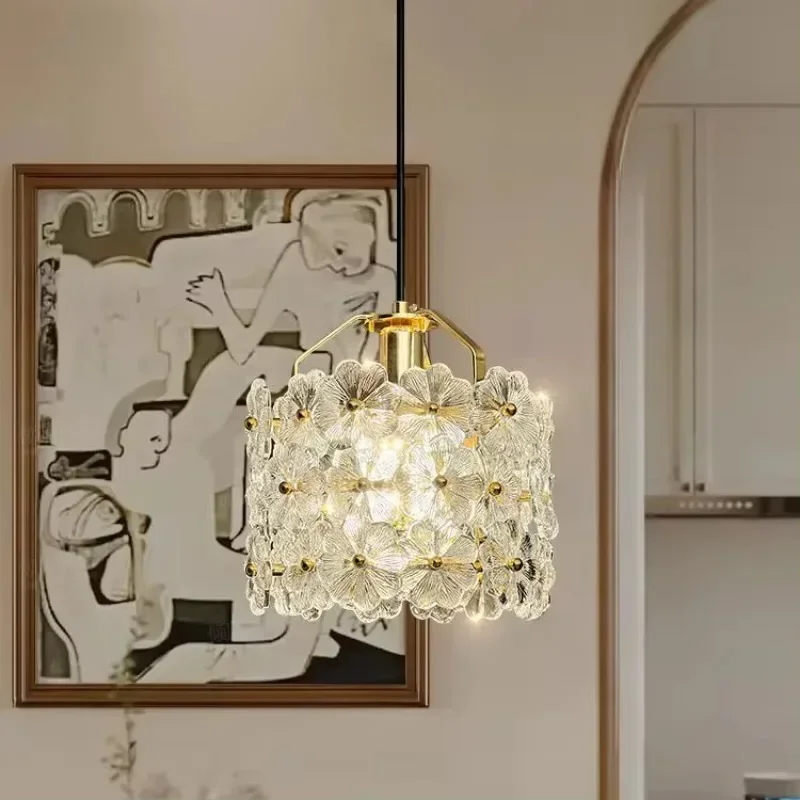 French Crystal ChandelierLuxury Ceramic Flower Entrance Bedroom Bedside Dining Room Decor Corridor Lamp Country Pendant Light