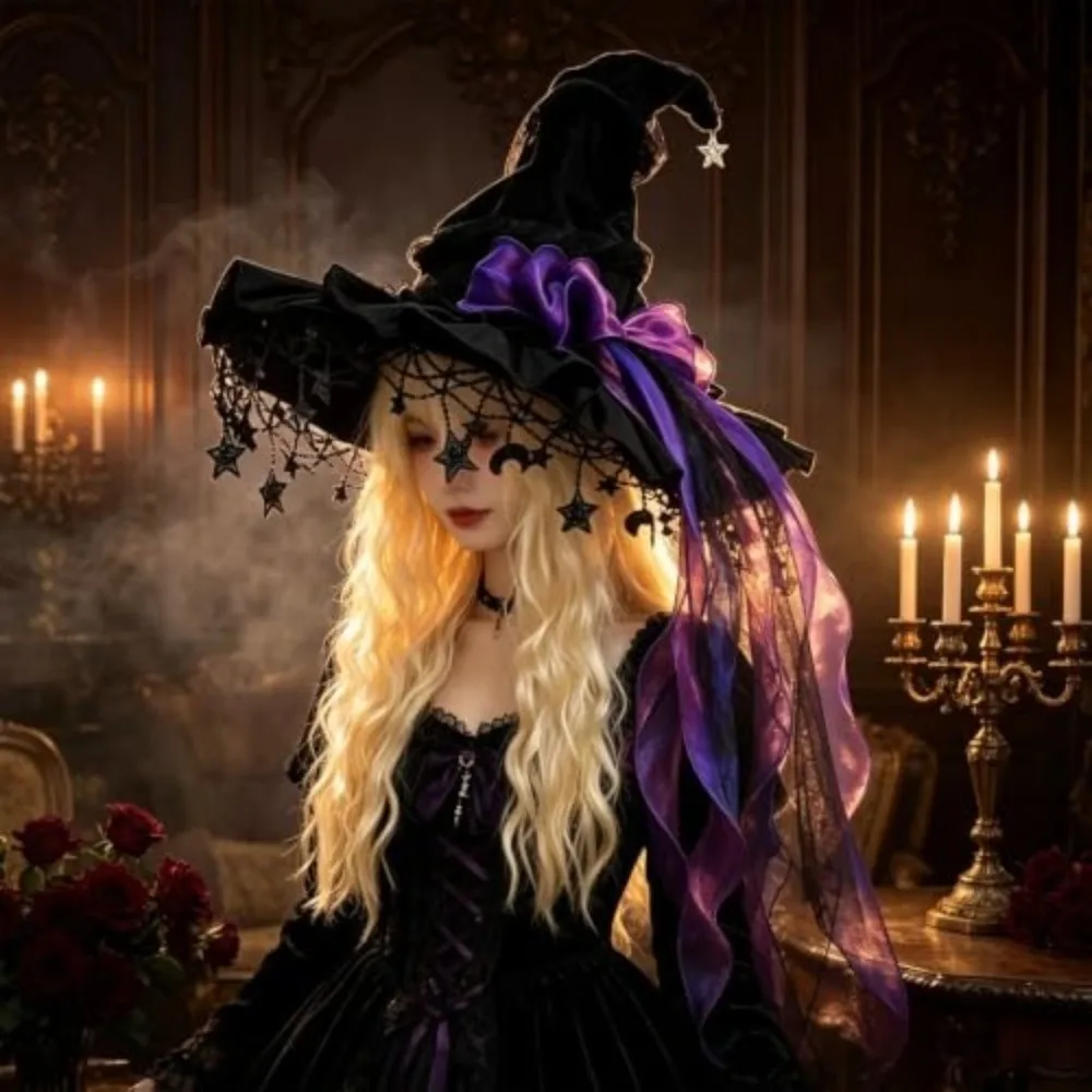 Dramatic Wide Brim Witch Hat Ruffle Brim Gothic Dark Style Gothic Hat Lace Trim Cosplay Costume Hat Cosplay Party
