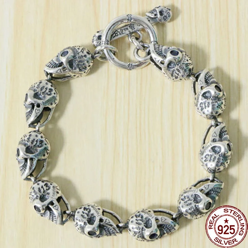 S925 Sterling Silver Bracelet English Letter Skull Graffiti Simplified  Fashionable and personalized trendy punk jewelry